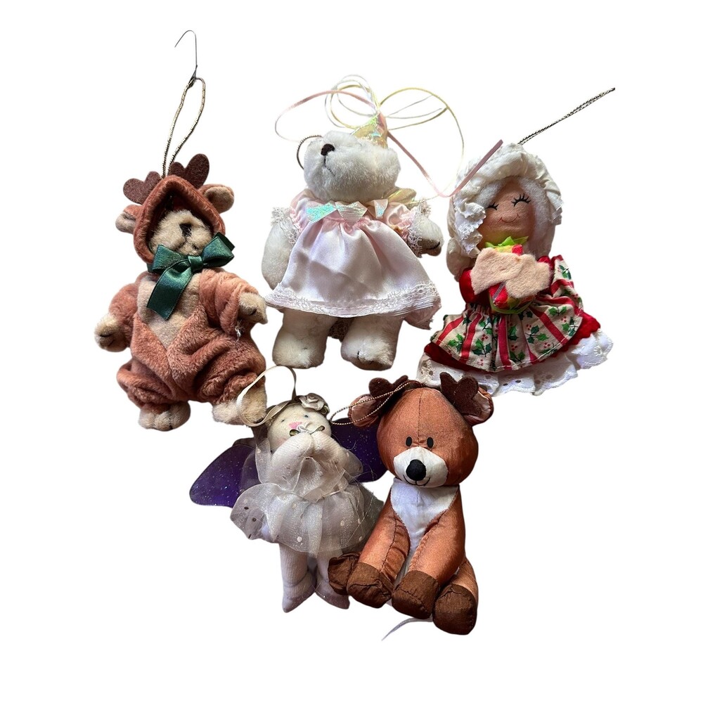 Lot of 5 Vintage Plush Christmas Ornaments 1994 TLToys Plush Bear Reindeer Set